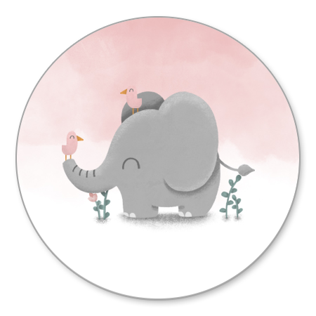 Lieve olifant met vogeltjes en roze waterverf