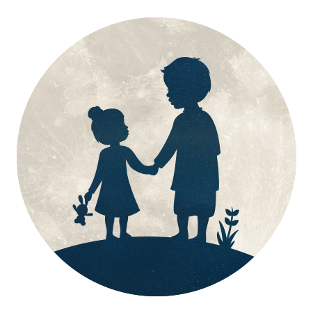 Silhouet broer met zusje hand in hand - met maan